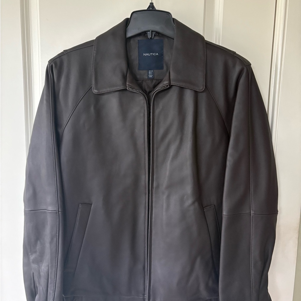 Nautica Genuine Leather Jacket Brown Minimalist Classic Zip Front Men’s M NWT